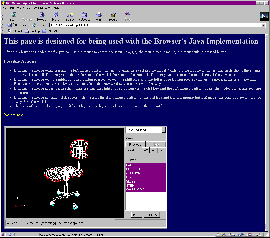 Screenshot of Netscape showing DXF Viewer Applet displaying a chair