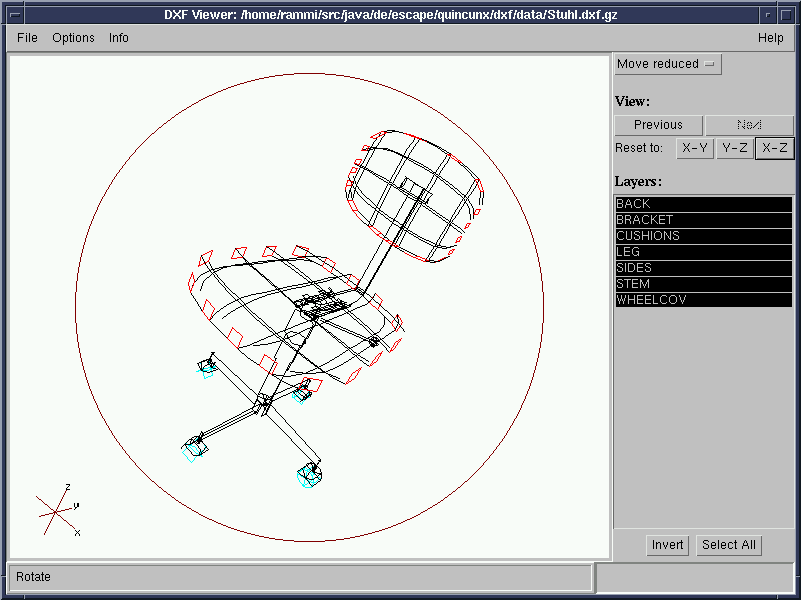 Screenshot of DXF Viewer showing chair while rotating it